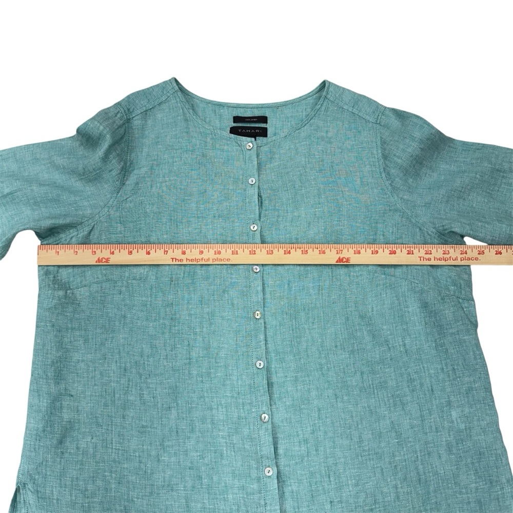 Tahari Teal Linen Button Down Top - Picture 10 of 11
